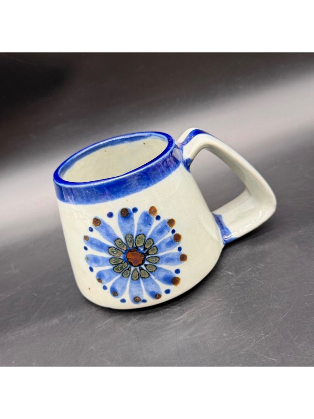 Ken Edwards Pottery Mug Blue Floral Oversized Guadalajara Handcrafted Mexico